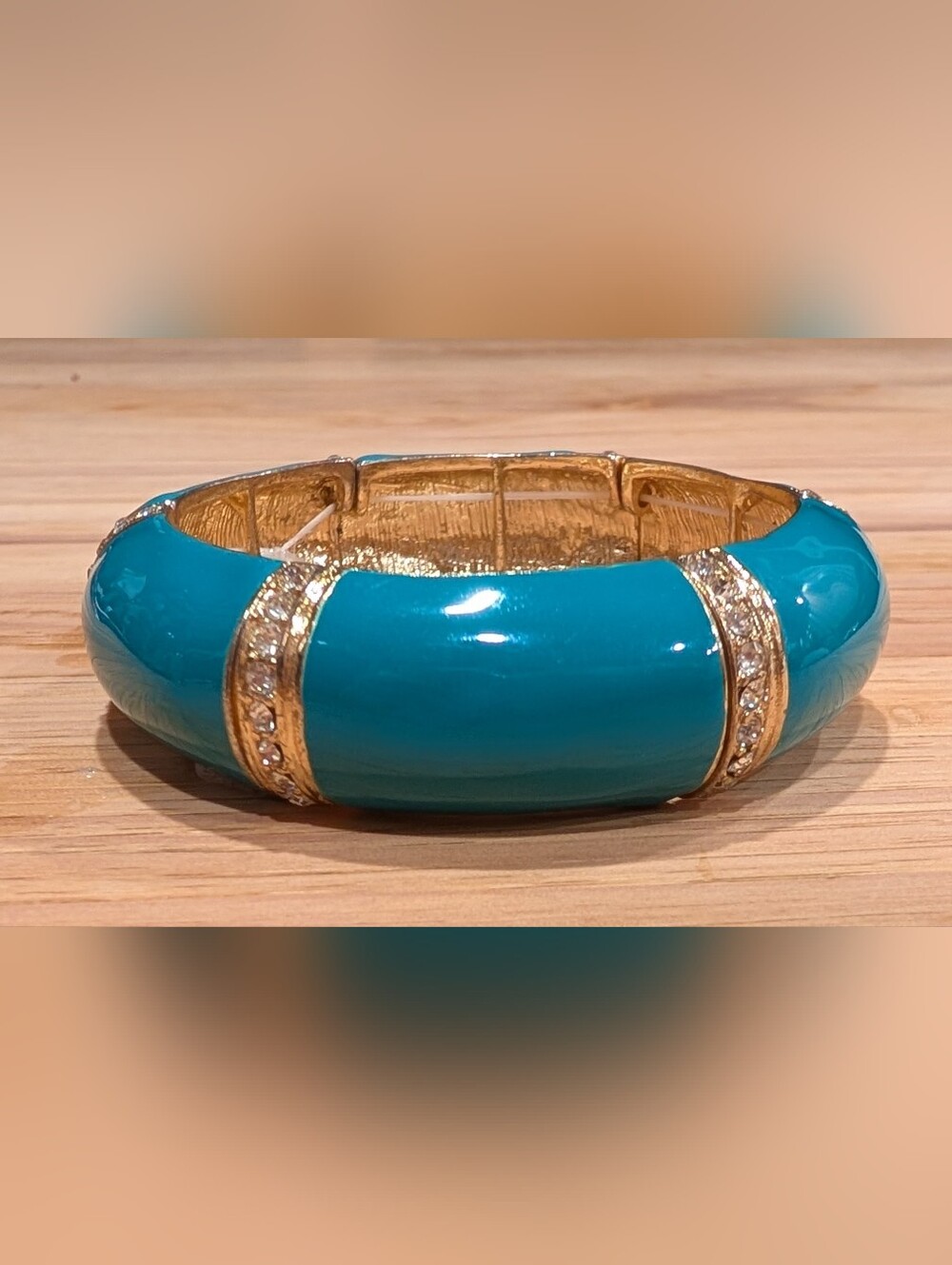 Source Unknown Teal Enamel Gold-Tone Bracelet with Rhinestone Accents